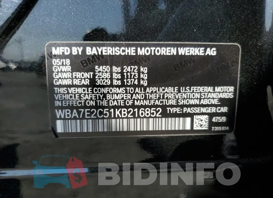 WBA7E2C51KB216852 Photo# 13