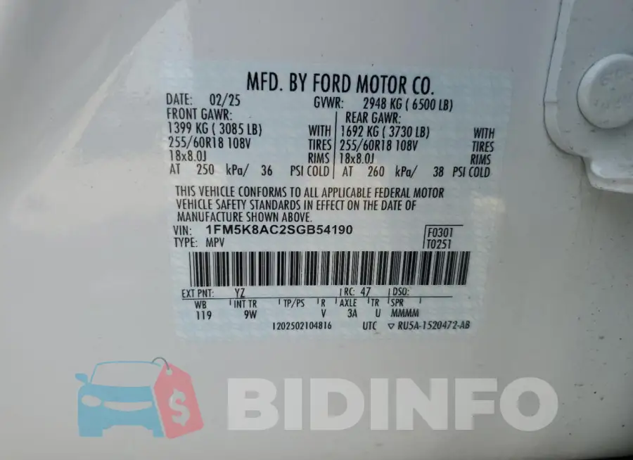 1FM5K8AC2SGB54190 Photo# 13