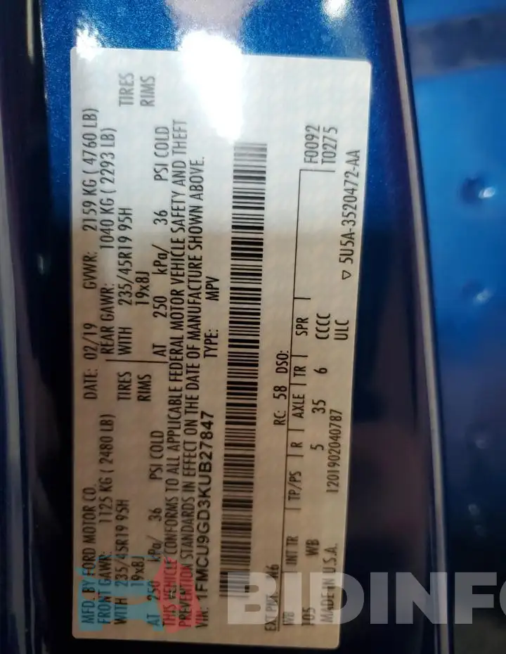 1FMCU9GD3KUB27847 Photo# 13