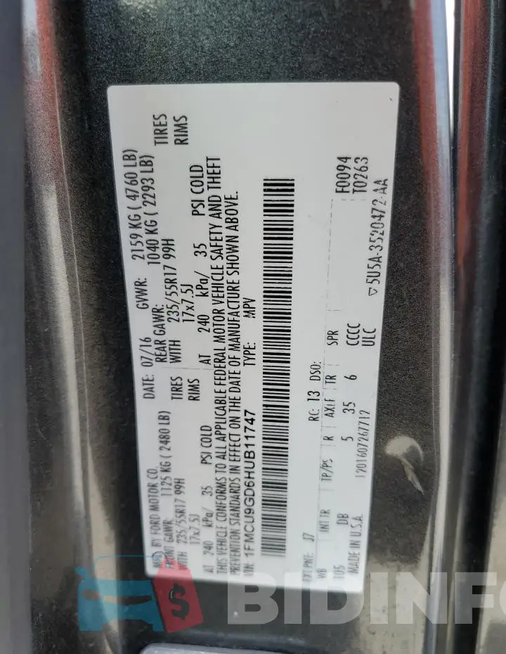 1FMCU9GD6HUB11747 Photo# 14