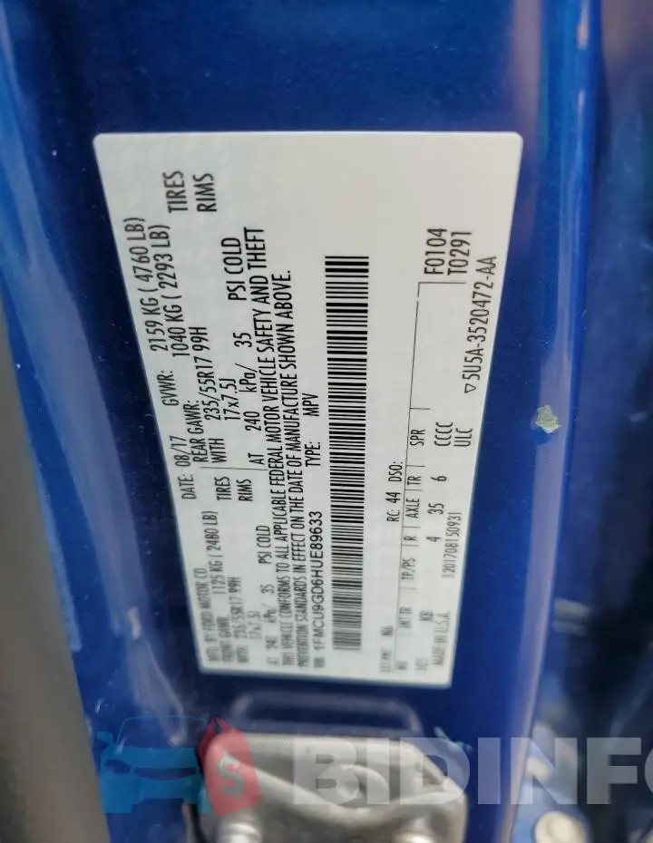 1FMCU9GD6HUE89633 Photo# 13