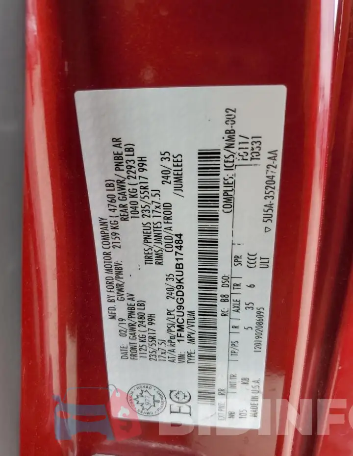 1FMCU9GD9KUB17484 Photo# 13