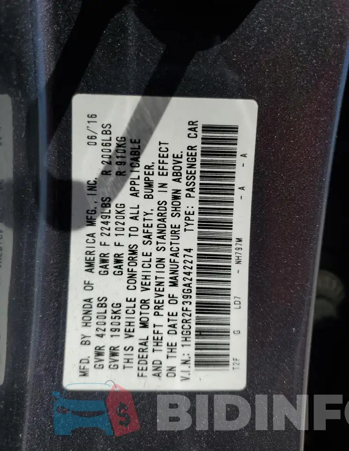 1HGCR2F39GA242274 Photo# 12