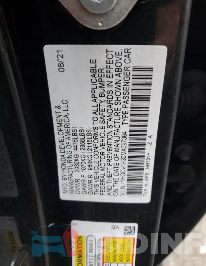 1HGCV1F30MA097384 Photo# 12