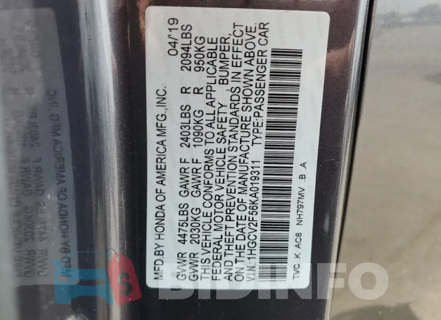 1HGCV2F56KA019311 Photo# 12