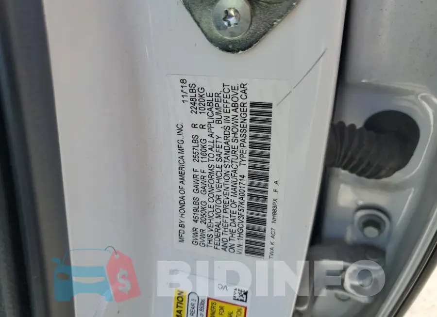 1HGCV3F57KA001714 Photo# 12