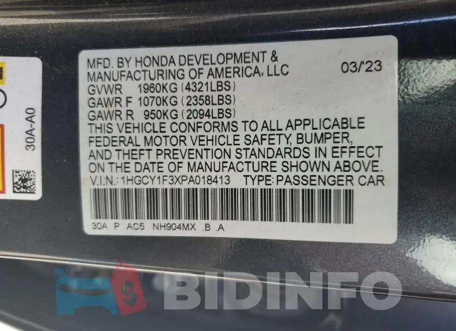 1HGCY1F3XPA018413 Photo# 12