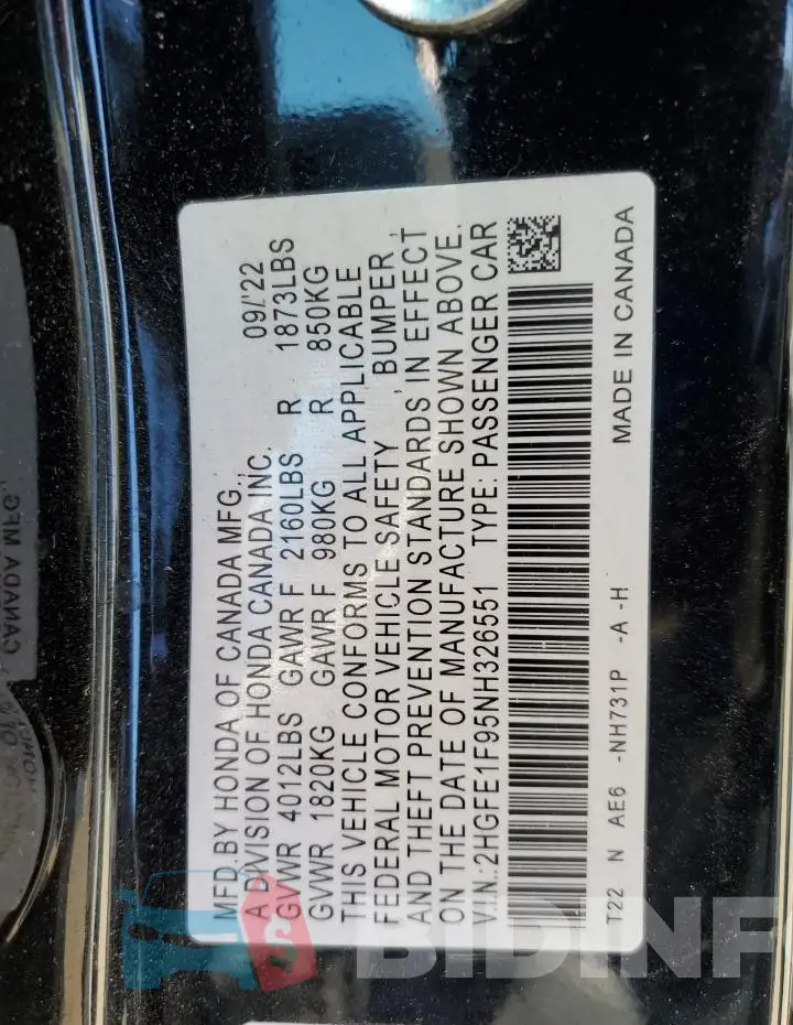 2HGFE1F95NH326551 Photo# 12
