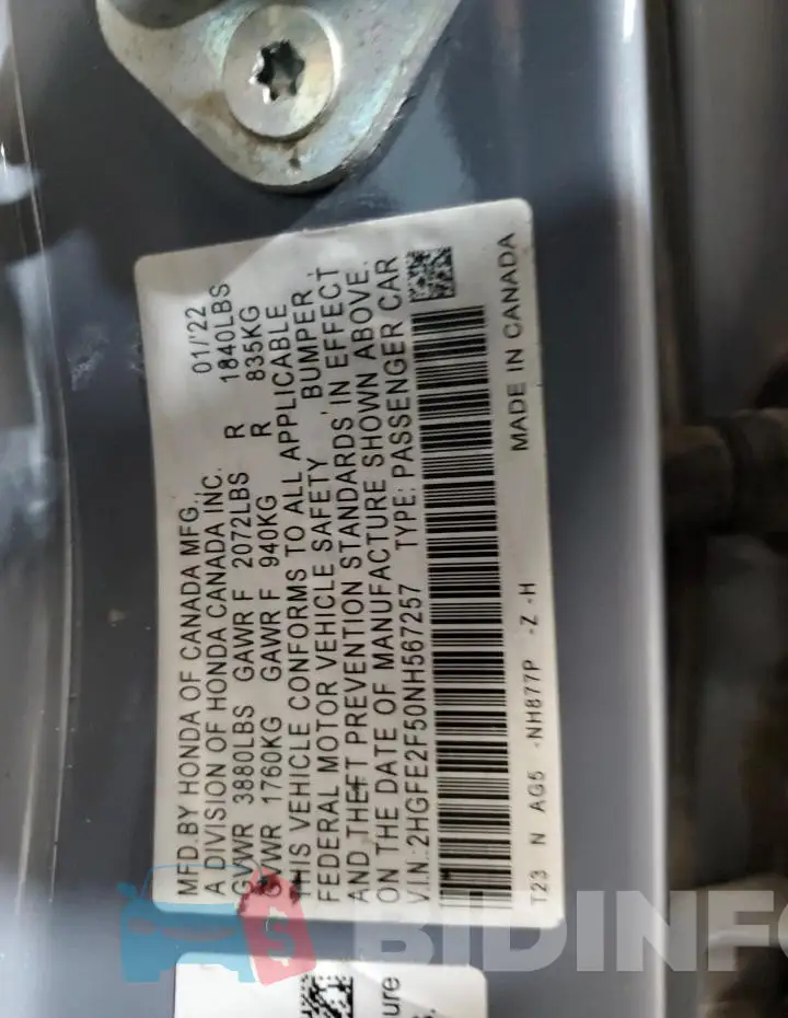 2HGFE2F50NH567257 Photo# 12