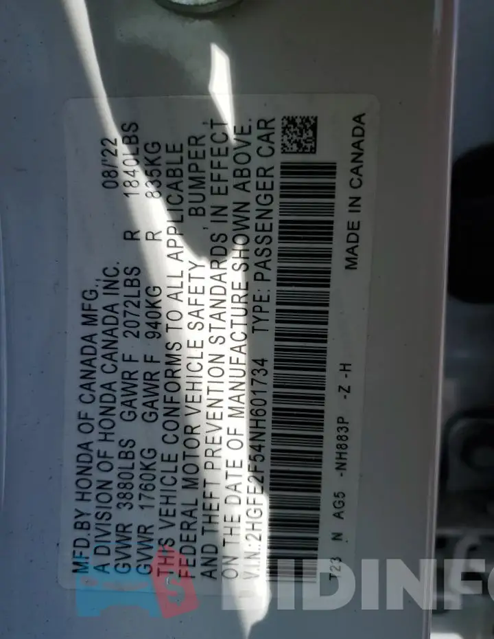 2HGFE2F54NH601734 Photo# 13