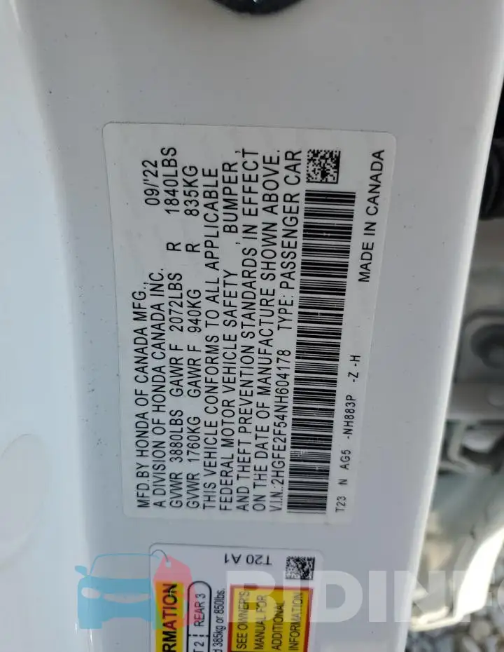 2HGFE2F54NH604178 Photo# 13