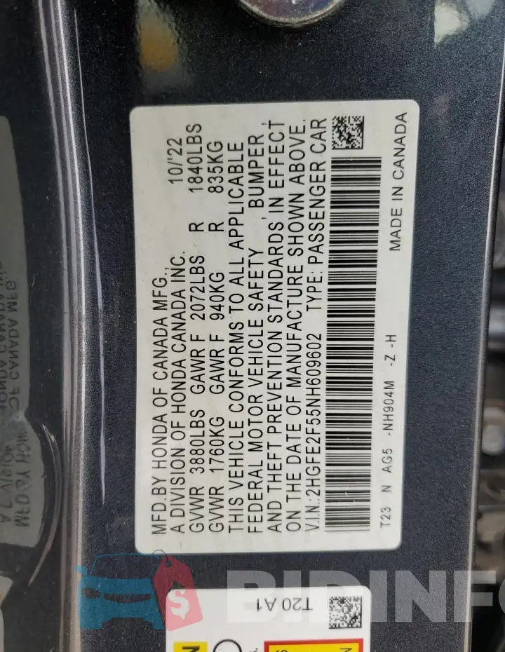 2HGFE2F55NH609602 Photo# 13