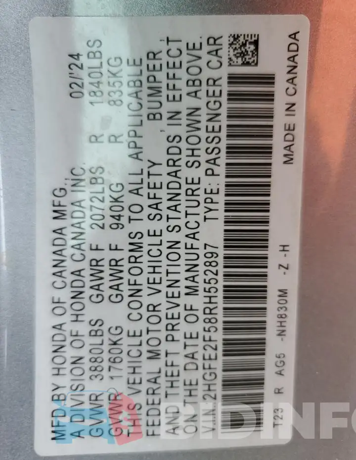 2HGFE2F58RH552897 Photo# 12