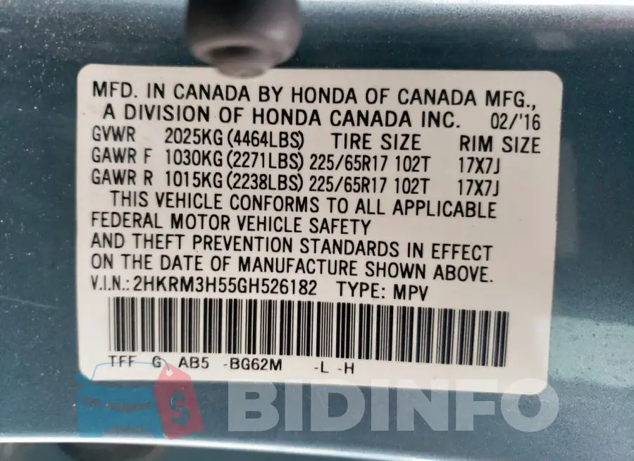 2HKRM3H55GH526182 Photo# 13