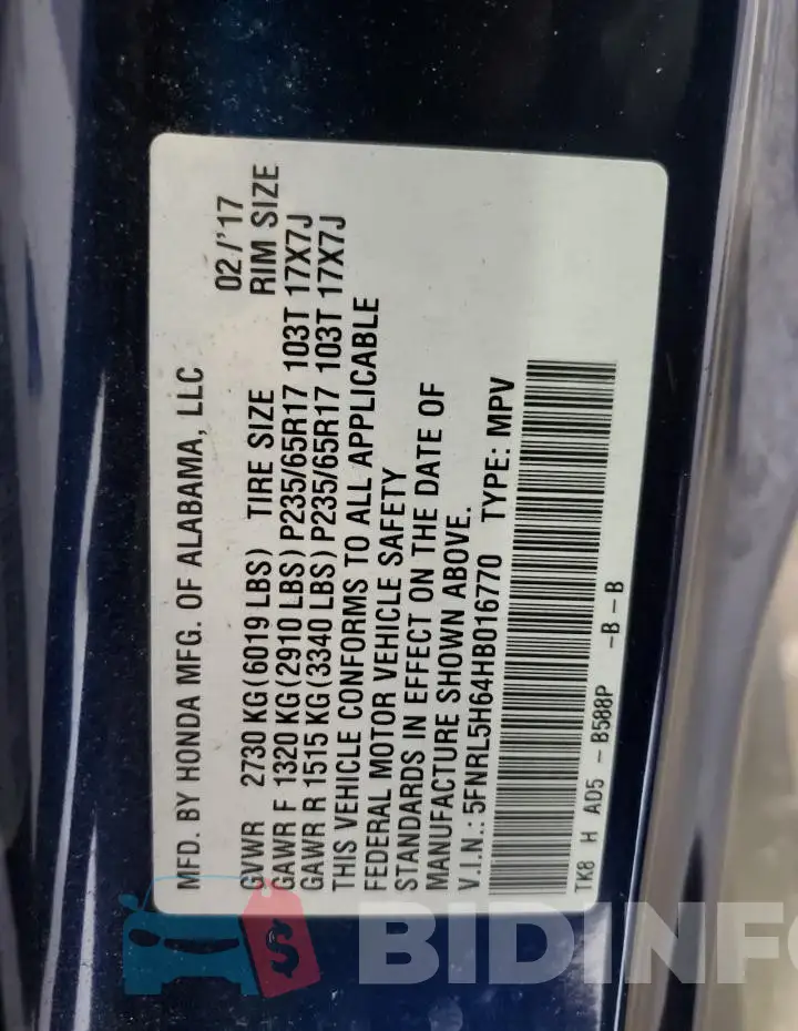 5FNRL5H64HB016770 Photo# 13