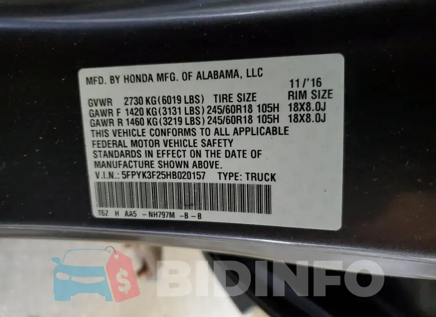 5FPYK3F25HB020157 Photo# 12