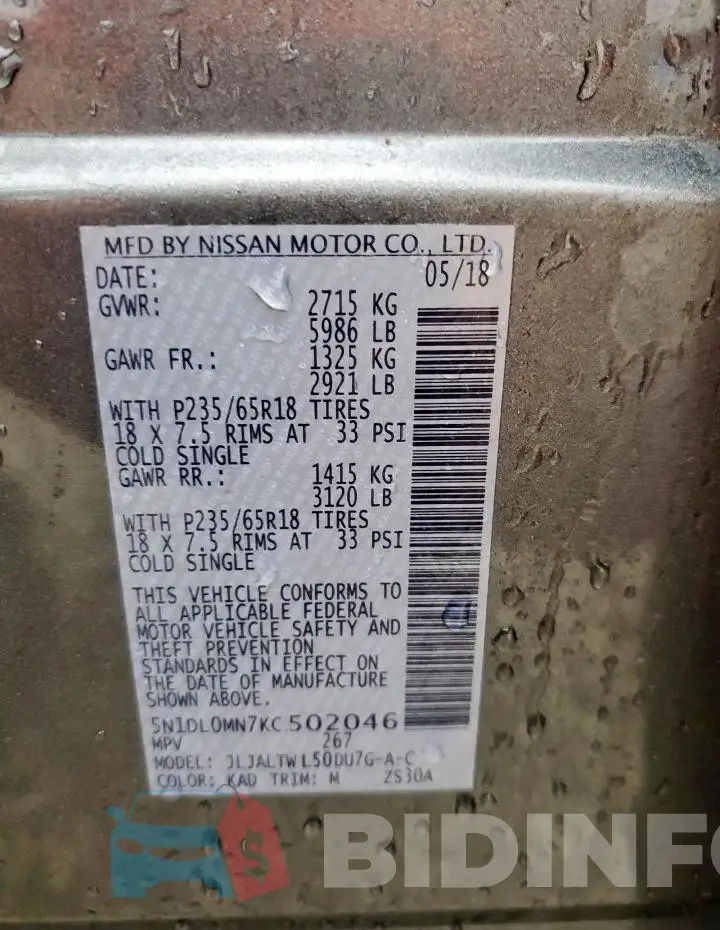 5N1DL0MN7KC502046 Photo# 13