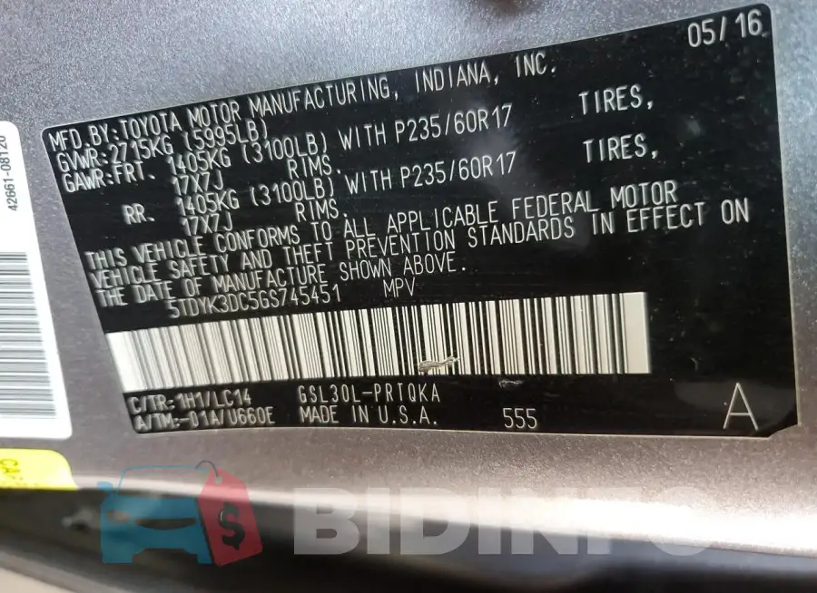 5TDYK3DC5GS745451 Photo# 13