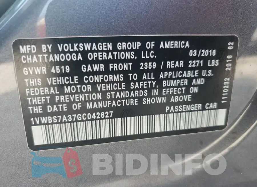 1VWBS7A37GC042627 Photo# 12
