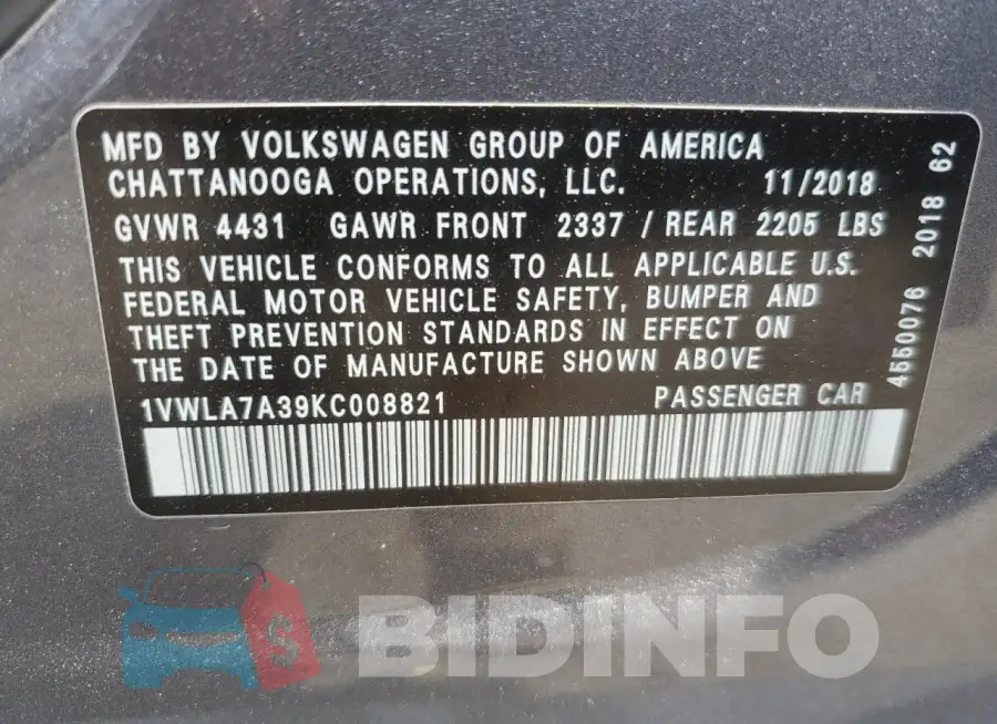 1VWLA7A39KC008821 Photo# 12