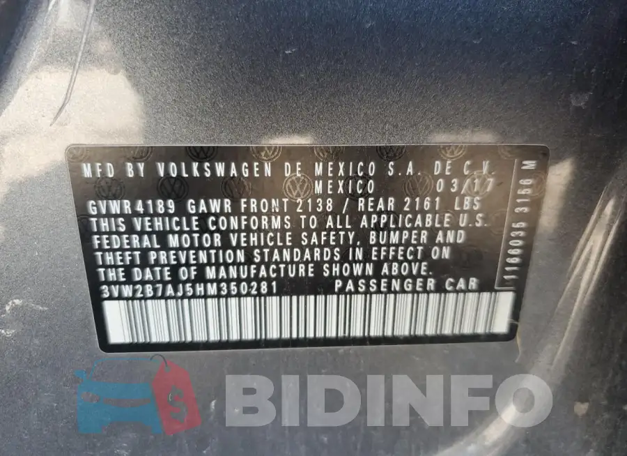 3VW2B7AJ5HM350281 Photo# 12