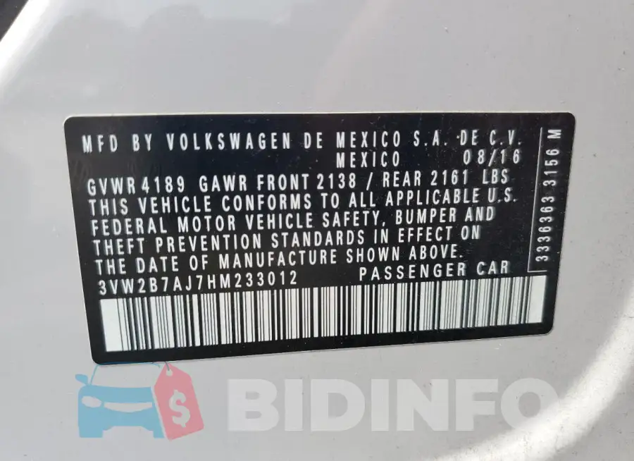 3VW2B7AJ7HM233012 Photo# 13