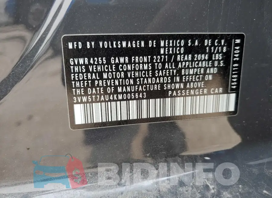 3VW5T7AU4KM005643 Photo# 12
