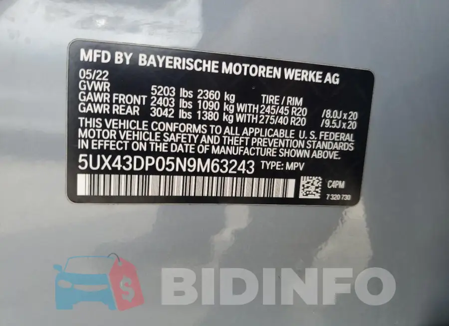 5UX43DP05N9M63243 Photo# 13