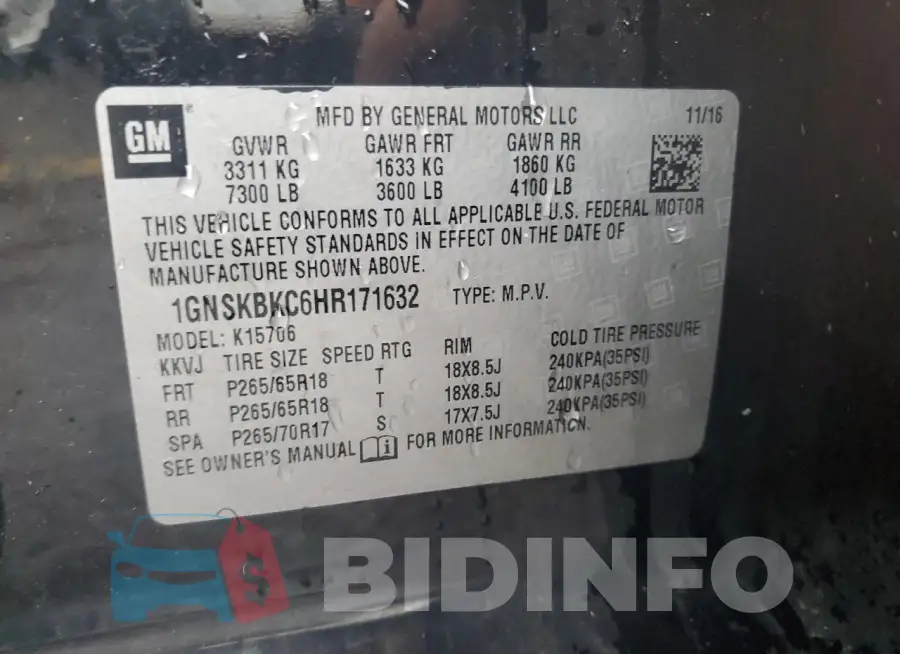 1GNSKBKC6HR171632 Photo# 13