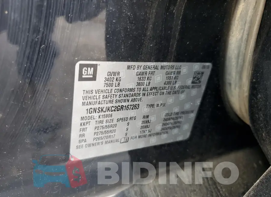 1GNSKJKC2GR167263 Photo# 14