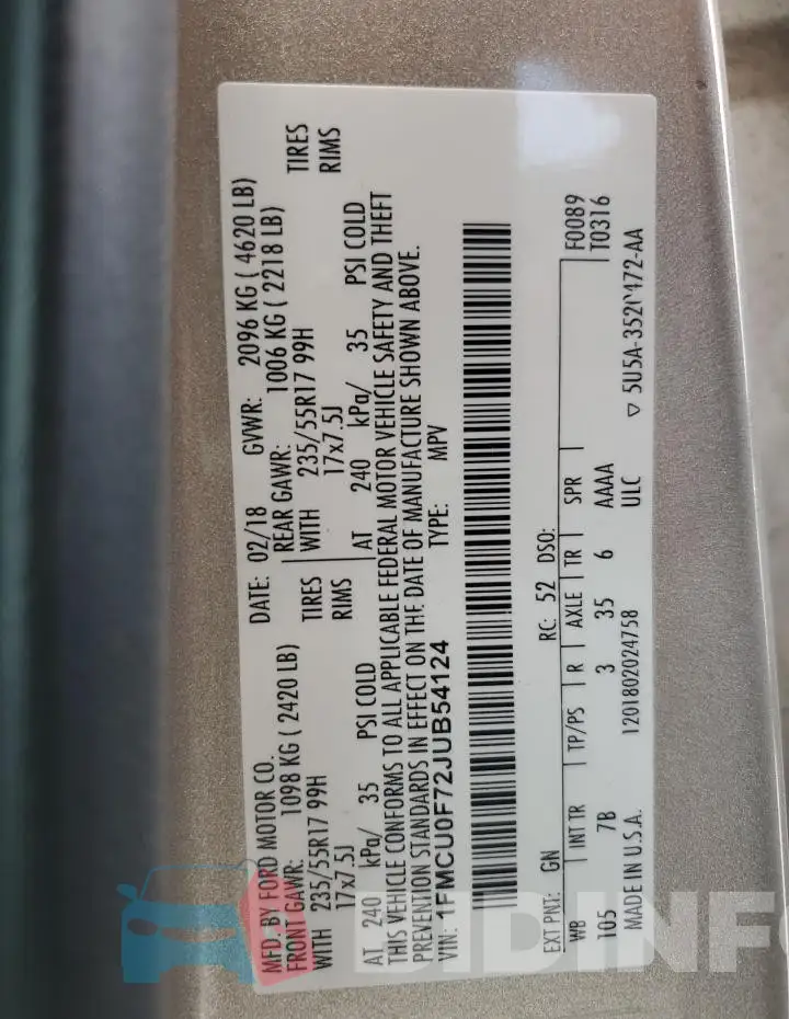 1FMCU0F72JUB54124 Photo# 12