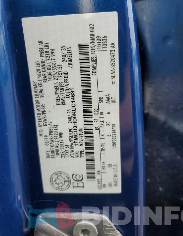 1FMCU0HD0KUC14681 Photo# 14