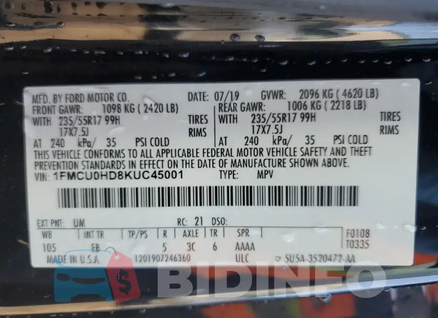 1FMCU0HD8KUC45001 Photo# 14