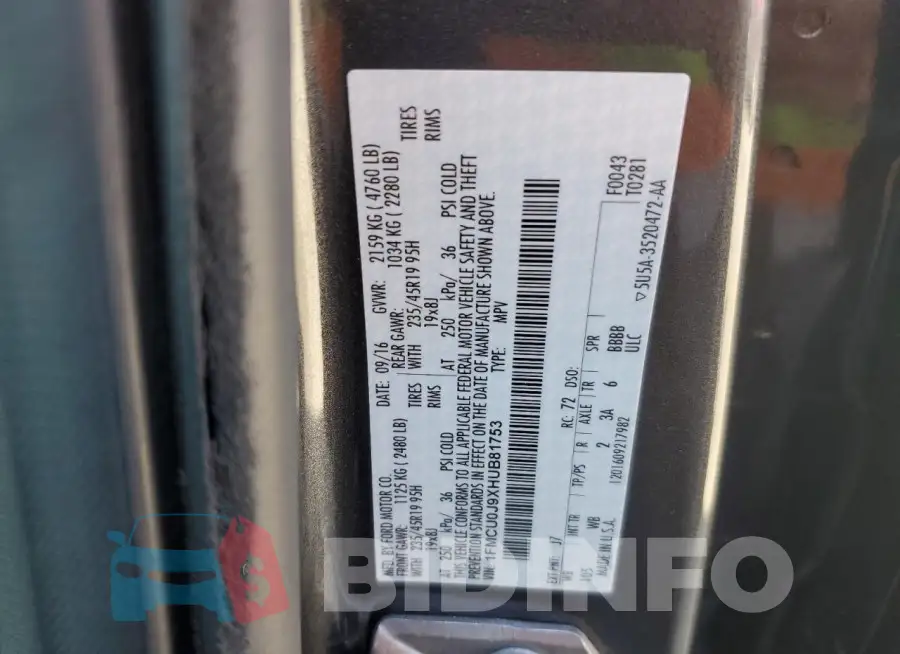 1FMCU0J9XHUB81753 Photo# 13
