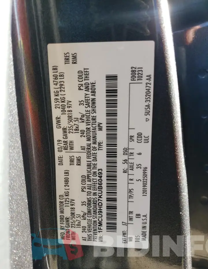1FMCU9HD7KUB60493 Photo# 13