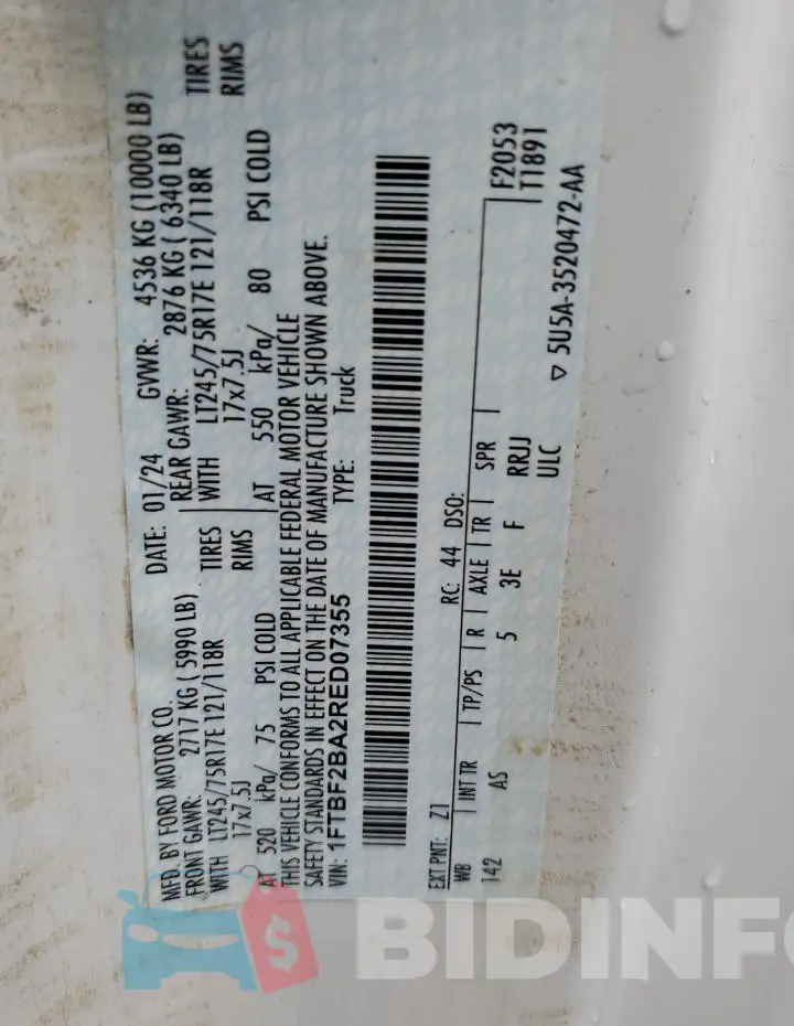 1FTBF2BA2RED07355 Photo# 12
