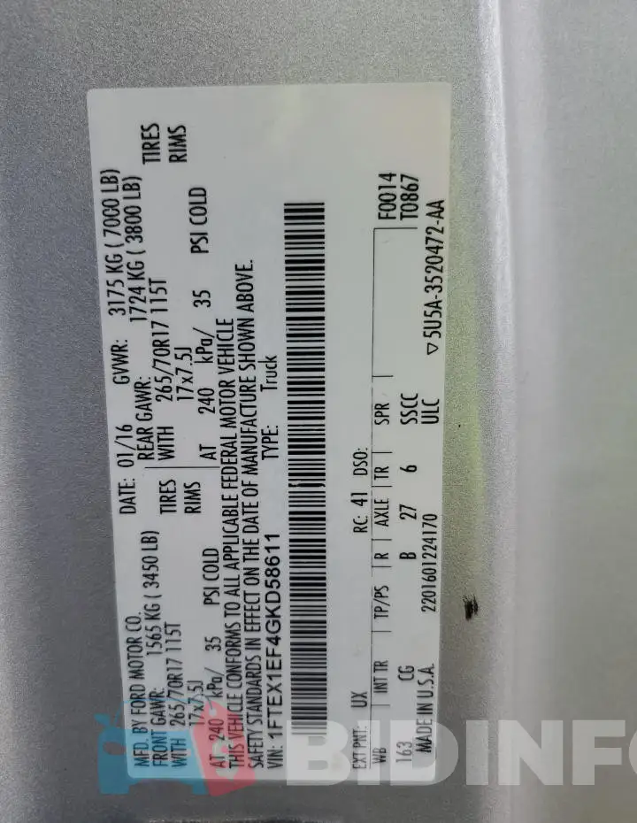 1FTEX1EF4GKD58611 Photo# 12