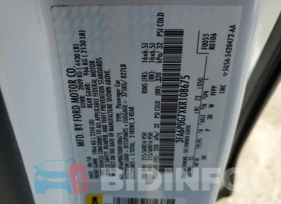 3FA6P0G7XKR108675 Photo# 12