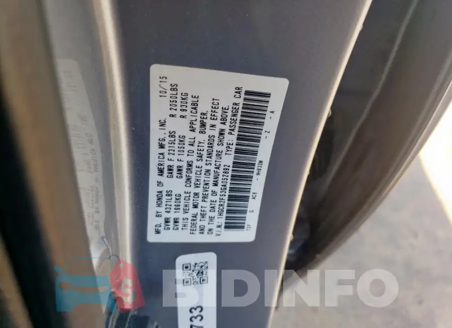1HGCR2F53GA052892 Photo# 12