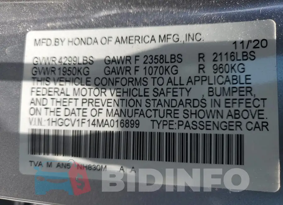 1HGCV1F14MA016899 Photo# 12