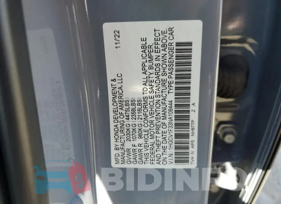1HGCV1F33NA108444 Photo# 12