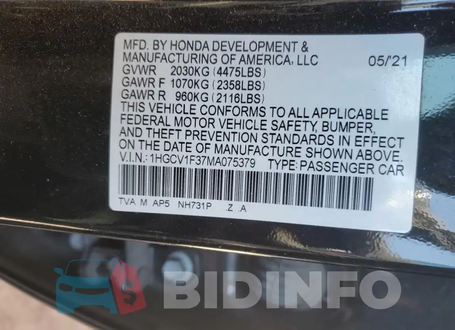 1HGCV1F37MA075379 Photo# 13