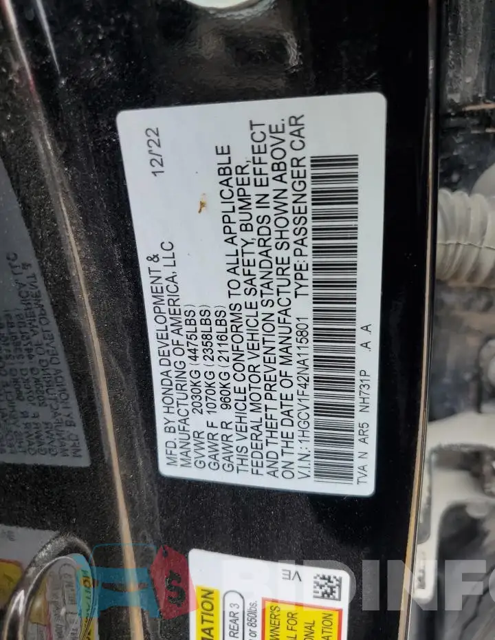 1HGCV1F42NA115801 Photo# 12