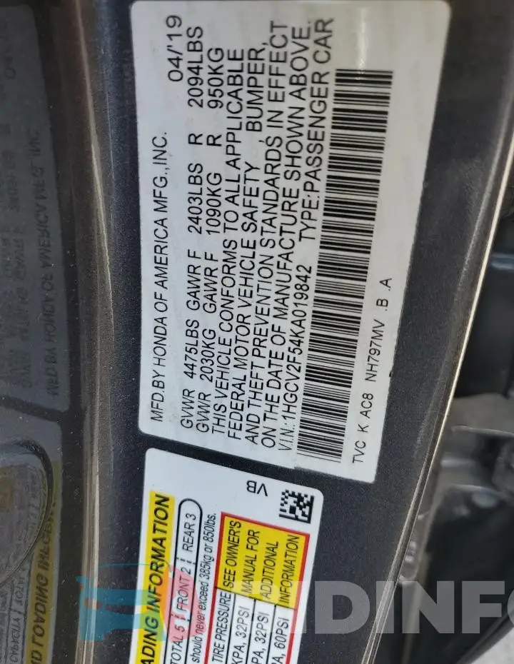1HGCV2F54KA019842 Photo# 13