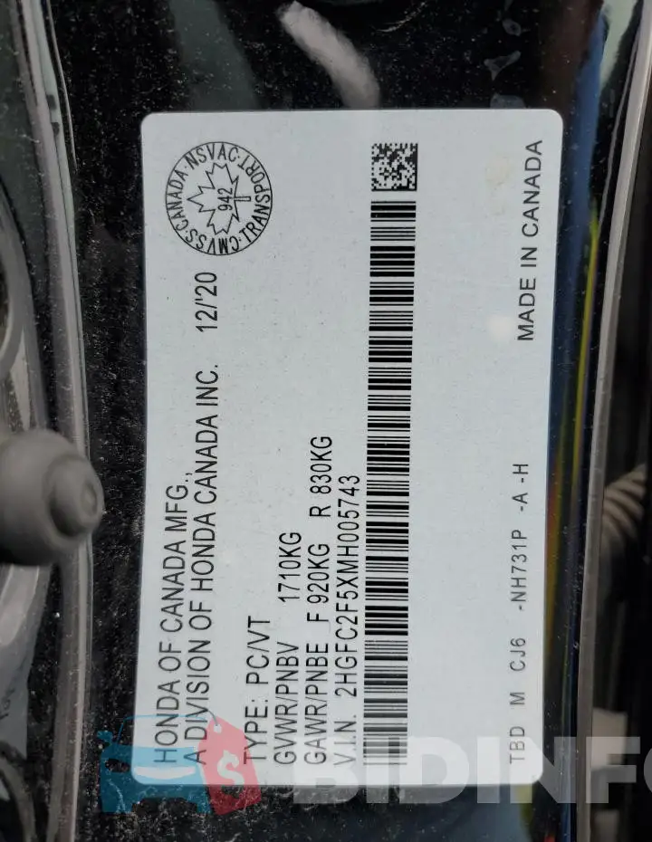 2HGFC2F5XMH005743 Photo# 13