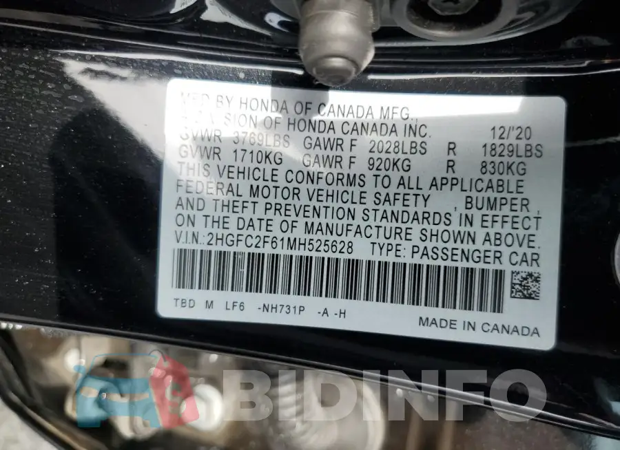 2HGFC2F61MH525628 Photo# 12