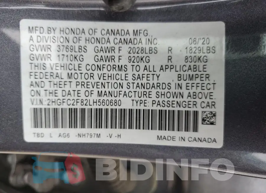 2HGFC2F82LH560680 Photo# 12
