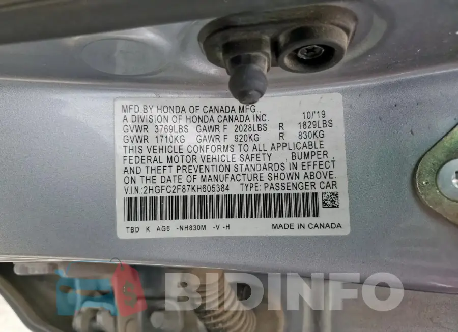 2HGFC2F87KH605384 Photo# 12