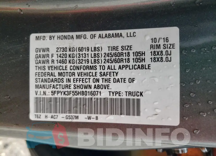 5FPYK3F55HB016071 Photo# 12