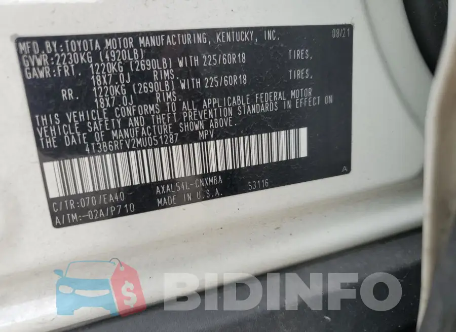 4T3B6RFV2MU051287 Photo# 13